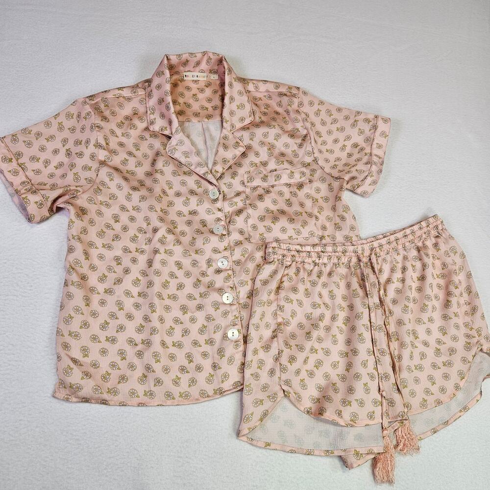 Roller Rabbit Fae Lounge Set Womens S XS Pink Floral Silky Pajama Shorts Shirt